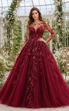 Burgundy Red Long Sleeve Floral Ball Gown Wedding Dress