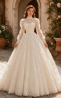 Robe de bal de cour à manches longues et col montant ornée de perles