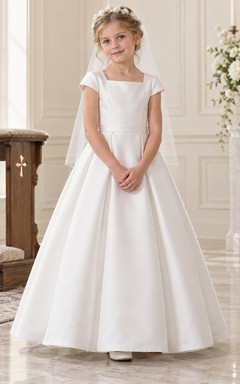 Simple Modest Square Neck White Cap Sleeve Floor-length Satin Communion Dress