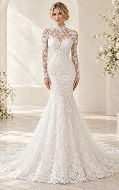 Modest Mermaid High Neck Long Sleeve Floral Lace Wedding Dress
