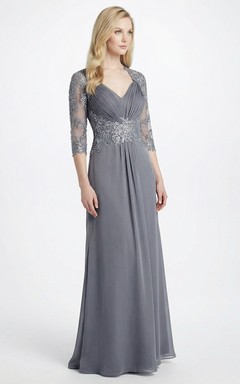 3/4 Sleeve Ruched Jersey V-Neck Gown