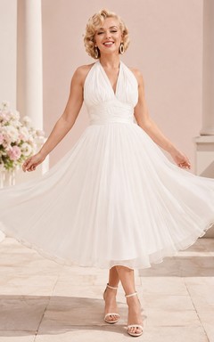 White Halter Satin Flowing Tea-Length Vintage Guest Dress
