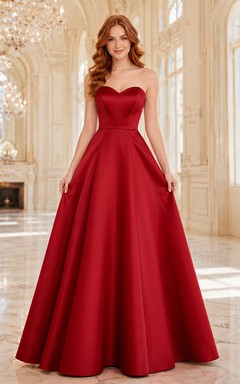 Vestido de gala rojo de satén sin tirantes con corte en A