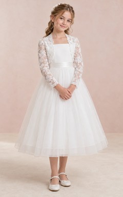 White Tea-length Square Neck Long Sleeve Lace Bolero Tulle Communion Dress