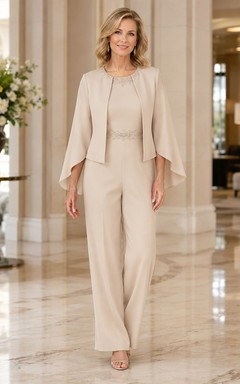 Ivory Mother Pantsuit with Cape Sleeve Jacket, Jewel Neckline and Wide Leg Pants