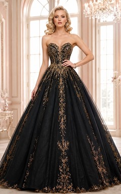 Black Strapless Ball Gown Tulle Embroidered Floor-length Masquerade Dress