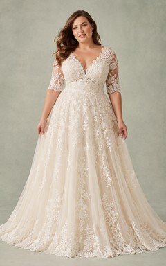 Plus Size V-Neck Lace Sleeve A-Line Bridal Gown