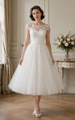 White Tea-Length Tulle Lace Cap Sleeve Vintage Wedding Dress