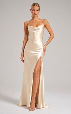 Simple Spaghetti Strap Satin Side Slit Floor Length Wedding Dress