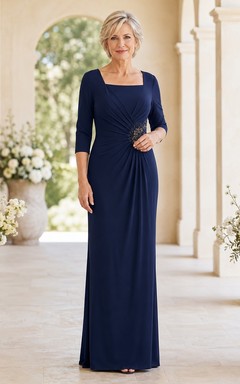 Navy Jersey Square Neck Three-quarter Sleeve Sheath Floor-length MOB Dress