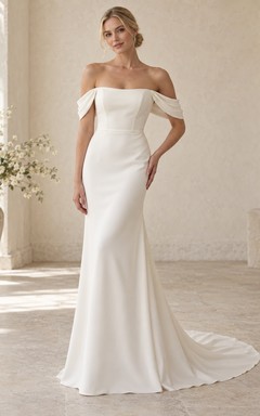 Simple Mermaid Off Shoulder Straight Neckline Draped Crepe Fitted Sweeping Wedding Dress