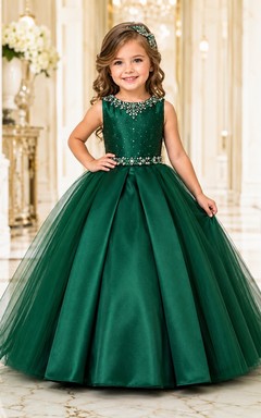 Dark Green Flowergirl Satin Ball Gown Beaded Belt Sleeveless Pageant Dress