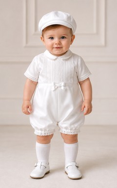 Traje de bautizo para bebé niño, pelele de manga corta de satén, conjunto de bautismo en color blanco.