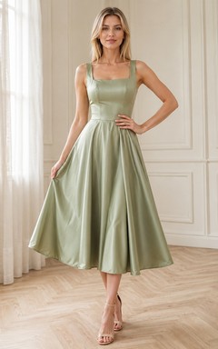 Sage Square Neck Sleeveless Satin A-Line Tea-length Modern Evening Dress