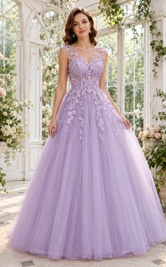 Lavender Sweetheart Sleeveless Tulle Ball Gown Floor-length Floral Reception Dress