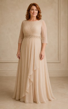 Champagnerfarbenes Chiffon-Kleid in A-Linie mit Ärmeln in Übergröße