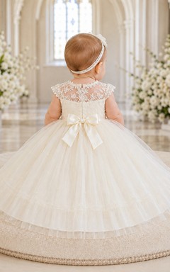Christening Dress A-Line Tulle Lace Scoop Neck Tea-Length Bow Back
