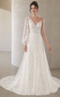 Vestido de novia moderno de manga larga, corte en A, un solo hombro, encaje de vid y cola catedral.