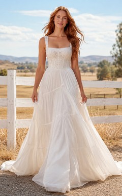 Country Tulle Wedding Dress A-Line Spaghetti Strap Chapel Train Bridal Gown
