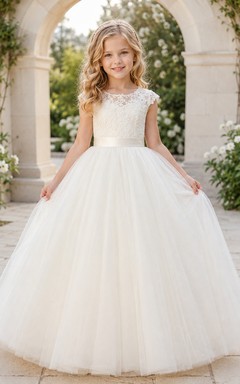 Vestido de gala romántico de tul con mangas cortas de encaje, largo hasta el suelo, para niña de las flores, para boda en el jardín.