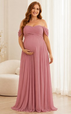 Rosewater Umstandskleid, bodenlang, schulterfrei, kurzärmelig, Chiffon, romantisch, in Altrosa, Empire-Stil