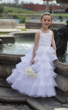 Flower Girl Asymmetric Straps A-line Long Dress With Layered Organza Skirt