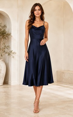 Elegantes, raffiniertes Cocktailkleid in A-Linien-Optik mit Wasserfallausschnitt in Dunkelblau