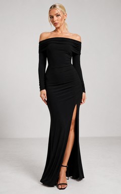 Black Off Shoulder Long Sleeve Side Slit Floor Length Mermaid Dress