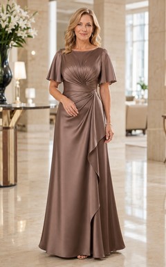 MOB-Kleid, taupefarbener Satin, A-Linie, kurze Ärmel, U-Boot-Ausschnitt, bodenlang, Rüschenbesatz