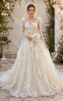 Vestido de novia elegante de encaje con mangas largas y corte en A de estilo vintage