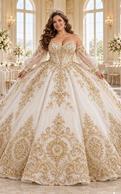 Vestido de novia largo de manga larga con escote corazón y hombros descubiertos, estampado floral dorado y bordados ornamentados.