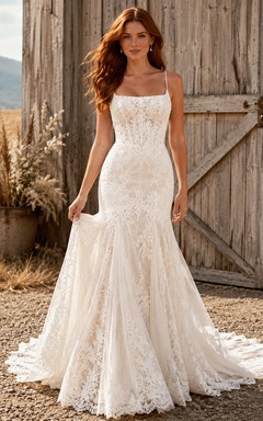 Vestido de novia de encaje campestre, estilo sirena, con escote cuadrado, sin mangas y cola de capilla.