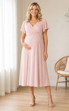 Robe de maternité rose poudré à prix abordable, col en V, manches papillon, coupe empire, en jersey, longueur thé