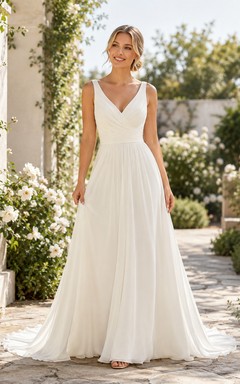 Chiffon-Hochzeitskleid, A-Linie, V-Ausschnitt, ärmellos, Kapellenschleppe, tiefer V-Ausschnitt am Rücken