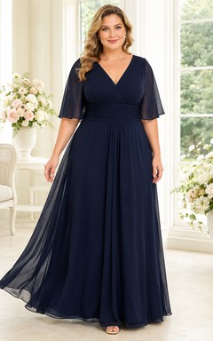 Vestido largo de gasa azul marino oscuro para embarazadas, talla grande, con escote en V y mangas acampanadas.