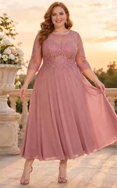 Vestido romántico de talla grande para madres, de manga larga, corte A, largo hasta la rodilla, con escote barco y encaje de gasa, color rosa empolvado.