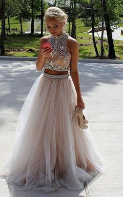 A-Line Tulle High Neck Sleeveless Zipper Keyhole Dress
