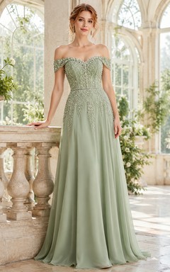 Sage Off Shoulder Pearl Chiffon Formal Dress