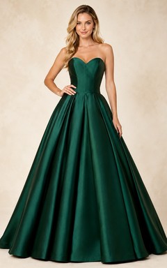 Dark Green Satin Strapless Sweetheart Pleated Floor-length Ball Gown Formal Dress