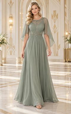 Vestido largo de dama de honor vintage color verde salvia, corte en A, cuello joya, gasa, mangas tipo capa, con cuentas y fruncido.