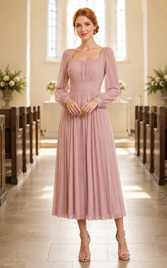 Church Dusty Rose Square Neck Chiffon A-Line Tea-Length Long Sleeve Dress