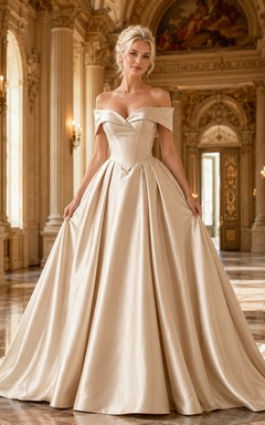 Champagne Off-Shoulder Satin Ball Gown Grand Ballroom Dress