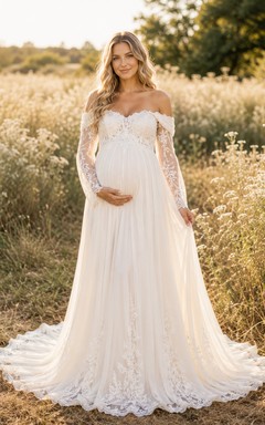 Maternity Wedding Dress Off Shoulder Long Sleeve Lace Tulle Gown with Applique Train