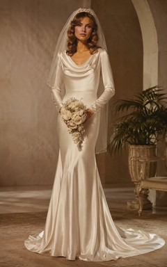 Long Sleeve Cowl Neck Satin Mermaid Vintage Wedding Dress