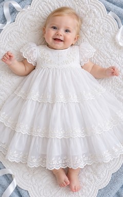 White Floral Embroidered Lace Cap Three Tier Baby Christening Dress