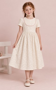 Modest Vintage Cream Tea-length Jewel Short-Sleeve Pintucked Piped-Yoke Leaf-Jacquard Gathered Button-Back Flowergirl Dress