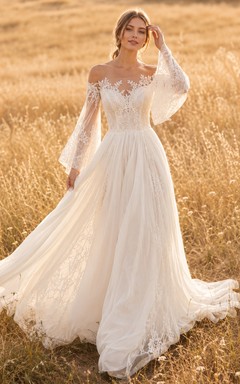 Schulterfreies Brautkleid mit Illusionsspitze und A-Linien-Muster