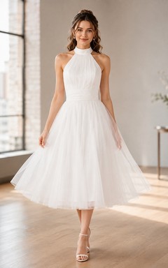 White Halter High Neck Tulle Tea-Length A-Line Dress
