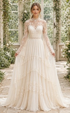 Vestido de novia bohemio de encaje con escote cuadrado, mangas tres cuartos y corte en A con volantes.