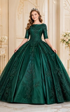 Dark Green Quinceanera Velvet High-Neck Long-Sleeve Ball Gown Dress